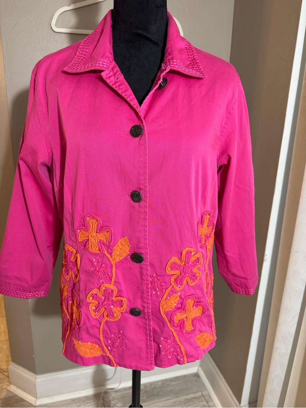 Chico's Hot Pink Jacket with Orange Floral Embroidery